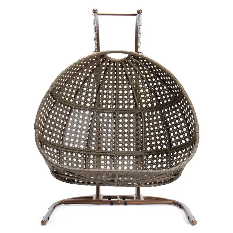 2-Person Hanging Swing Chair Charcoal Wicker with Stand and Cushion