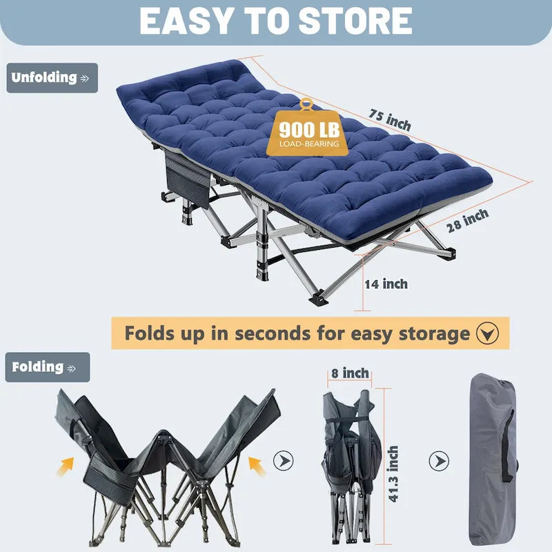 Folding Camping Cot 75 inches with 3.3-inch Mattress Portable for 1-2 People