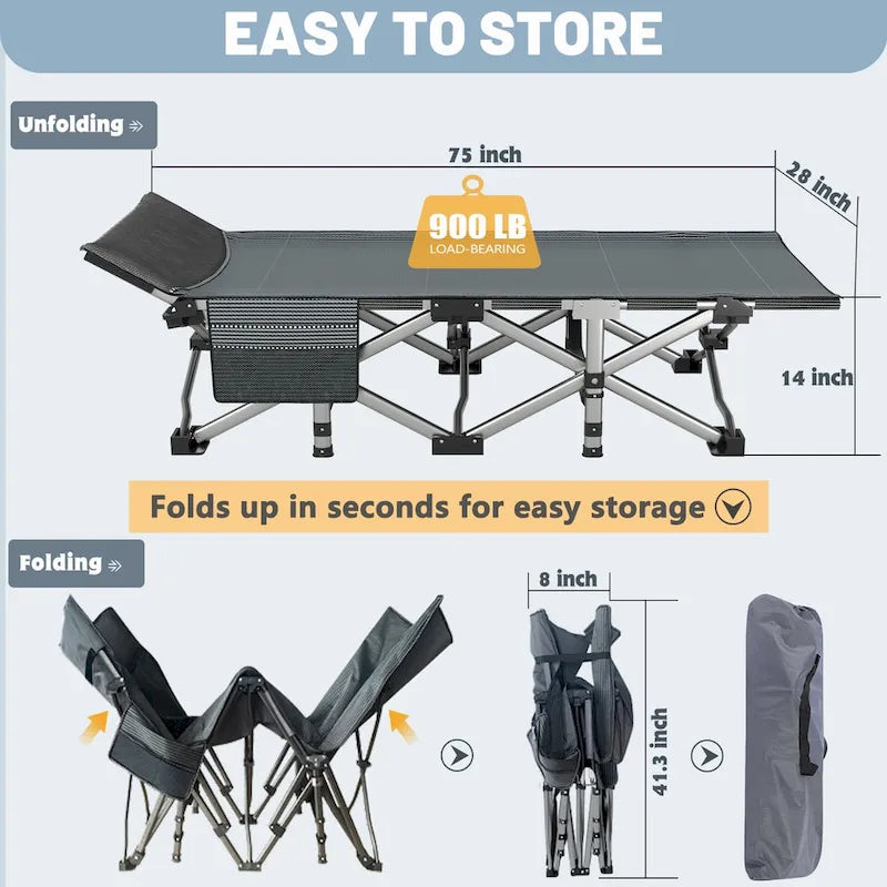 Folding Camping Cot 75 inches with 3.3-inch Mattress Portable for 1-2 People