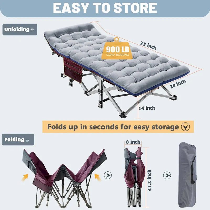 Folding Camping Cot 75 inches with 3.3-inch Mattress Portable for 1-2 People