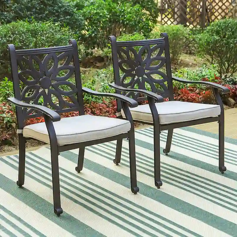 2-Piece Extra Wide Cast Aluminum Swivel Dining Chair Set with Beige Cushions
