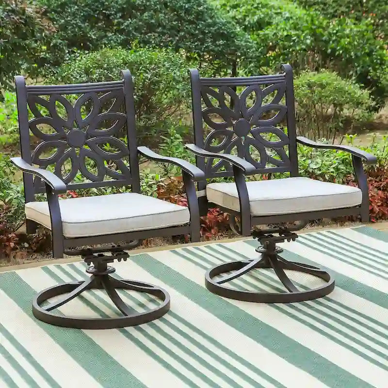 2-Piece Extra Wide Cast Aluminum Swivel Dining Chair Set with Beige Cushions