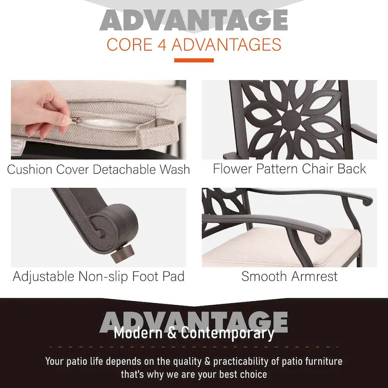 2-Piece Extra Wide Cast Aluminum Swivel Dining Chair Set with Beige Cushions