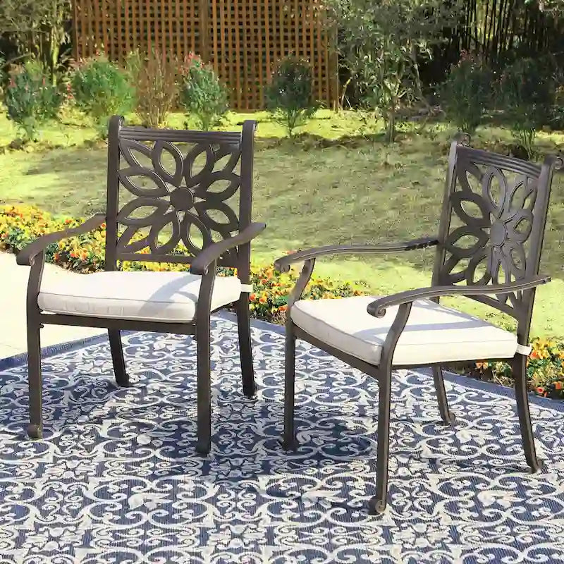 2-Piece Extra Wide Cast Aluminum Swivel Dining Chair Set with Beige Cushions