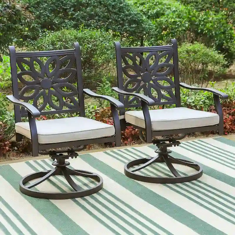 2-Piece Extra Wide Cast Aluminum Swivel Dining Chair Set with Beige Cushions