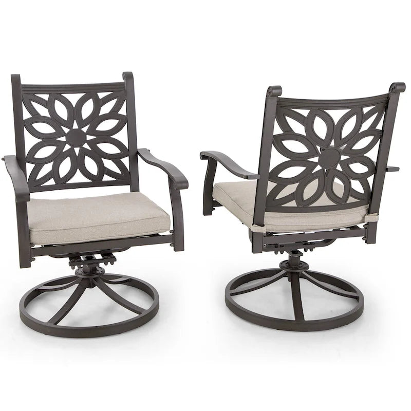 2-Piece Extra Wide Cast Aluminum Swivel Dining Chair Set with Beige Cushions