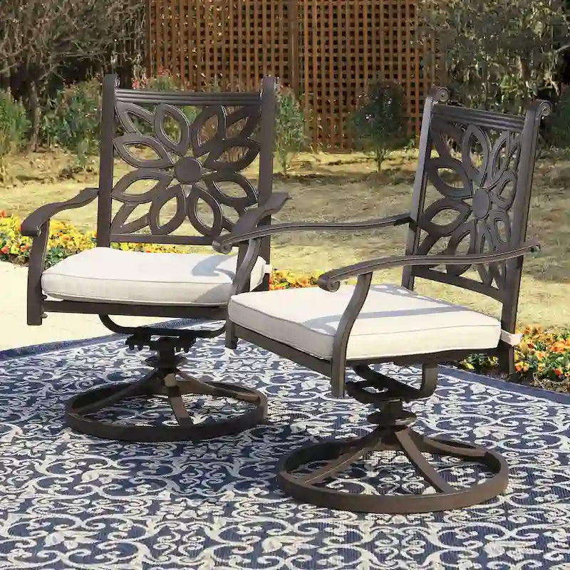 2-Piece Extra Wide Cast Aluminum Swivel Dining Chair Set with Beige Cushions