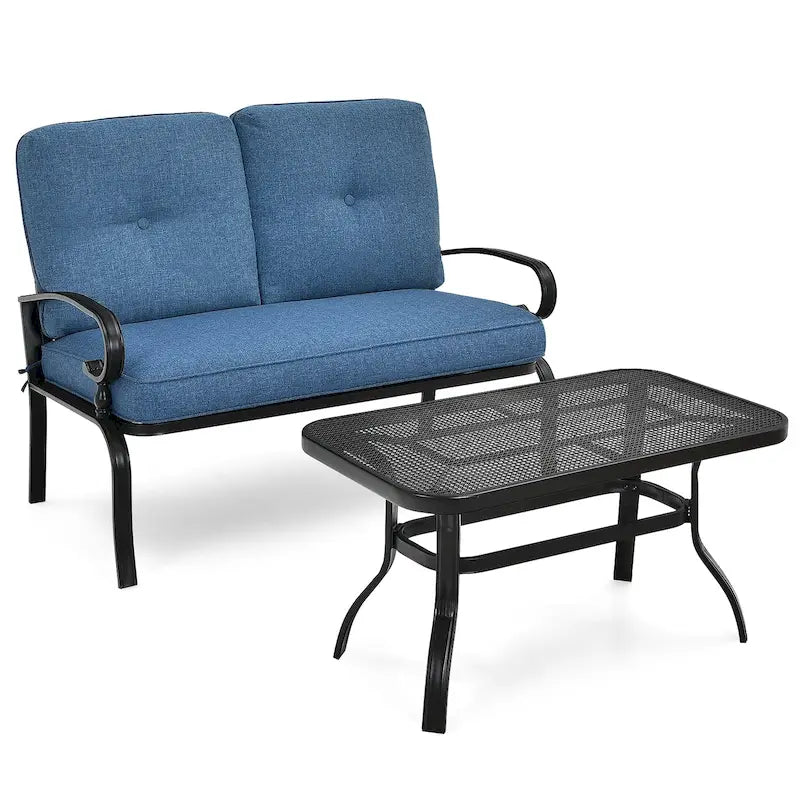 2-Piece Steel Loveseat Set Black Frame with Cushions 1 Bench 1 Table
