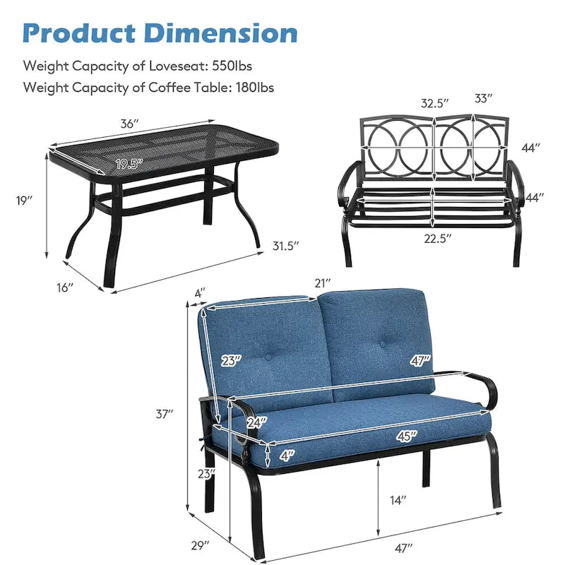 2-Piece Steel Loveseat Set Black Frame with Cushions 1 Bench 1 Table