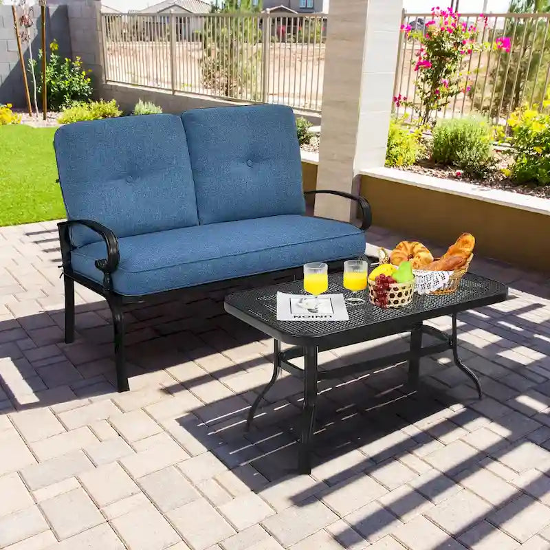 2-Piece Steel Loveseat Set Black Frame with Cushions 1 Bench 1 Table