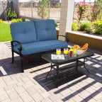 2-Piece Steel Loveseat Set Black Frame with Cushions 1 Bench 1 Table