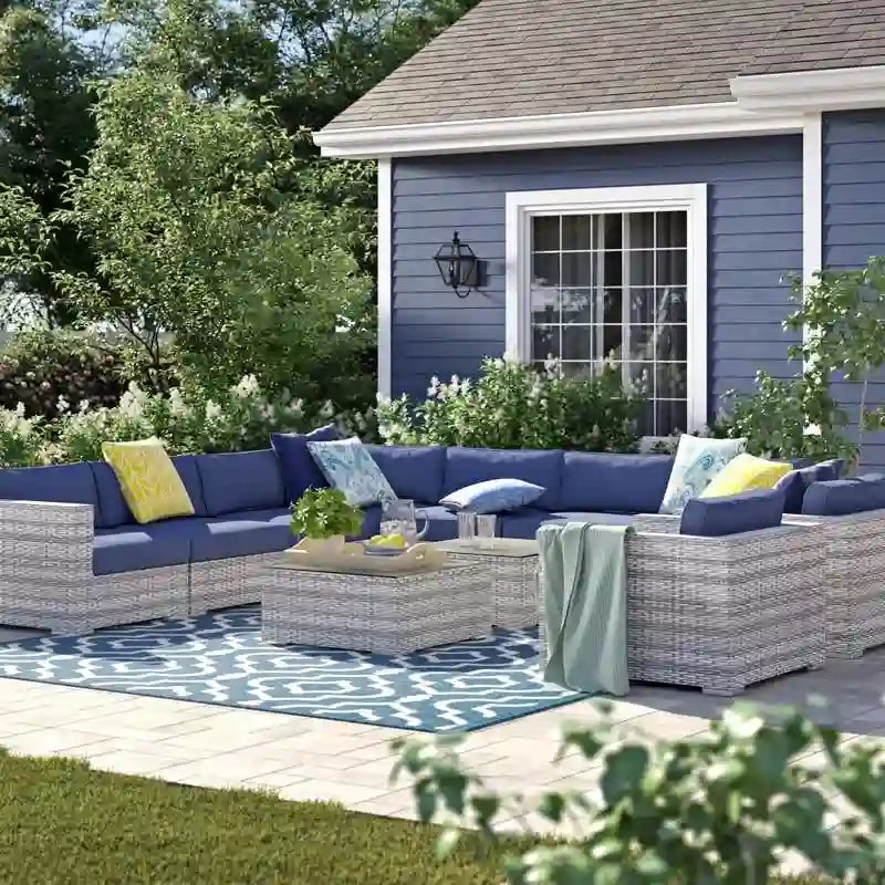 11-Piece Wicker Sectional Set with Sunbrella Cushions for 9 People L-Shaped Sofa 2 Chairs 2 Tables