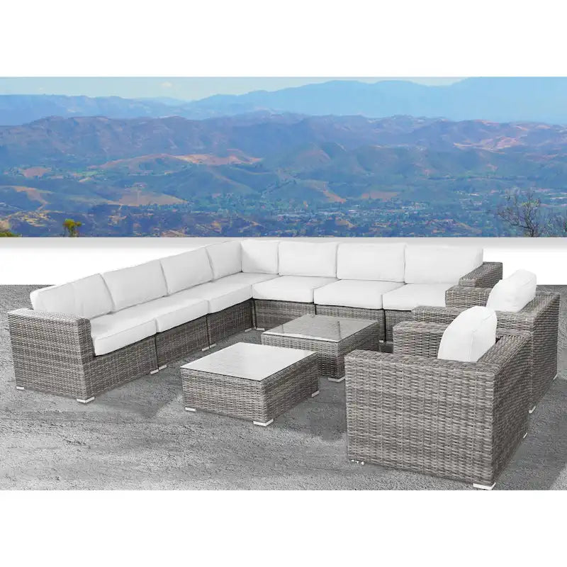 11-Piece Wicker Sectional Set with Sunbrella Cushions for 9 People L-Shaped Sofa 2 Chairs 2 Tables