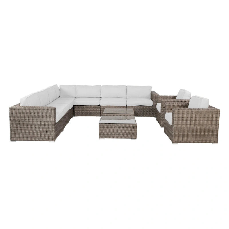11-Piece Wicker Sectional Set with Sunbrella Cushions for 9 People L-Shaped Sofa 2 Chairs 2 Tables