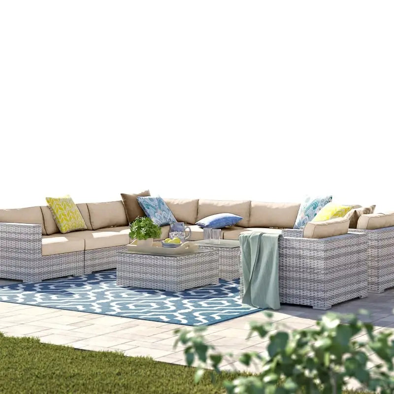 11-Piece Wicker Sectional Set with Sunbrella Cushions for 9 People L-Shaped Sofa 2 Chairs 2 Tables