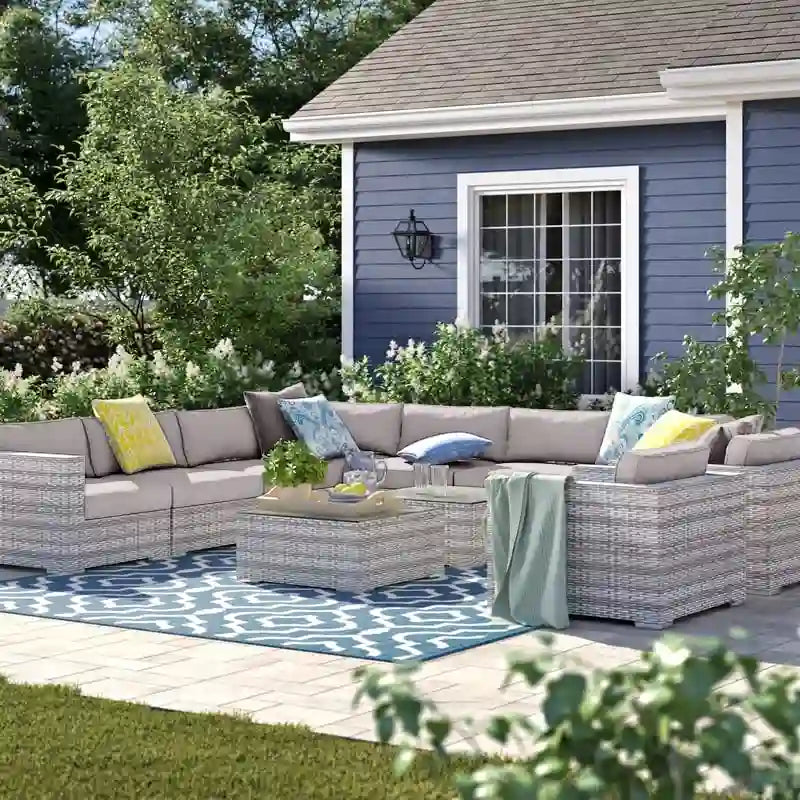 11-Piece Wicker Sectional Set with Sunbrella Cushions for 9 People L-Shaped Sofa 2 Chairs 2 Tables