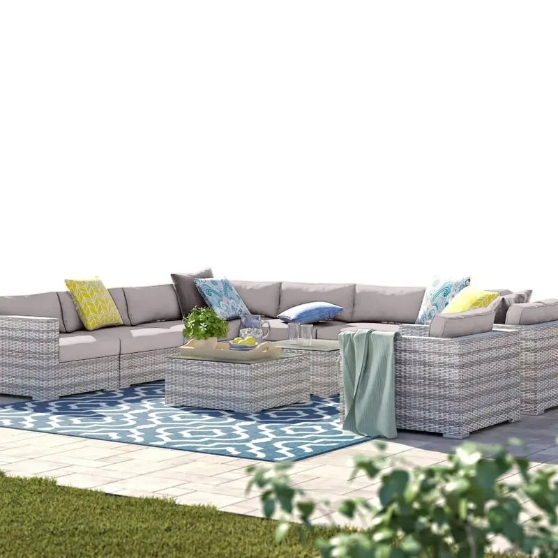 11-Piece Wicker Sectional Set with Sunbrella Cushions for 9 People L-Shaped Sofa 2 Chairs 2 Tables