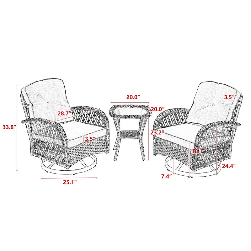 3-Piece Wicker Furniture Set 2 Chairs 1 Table with Cushions Modern Design