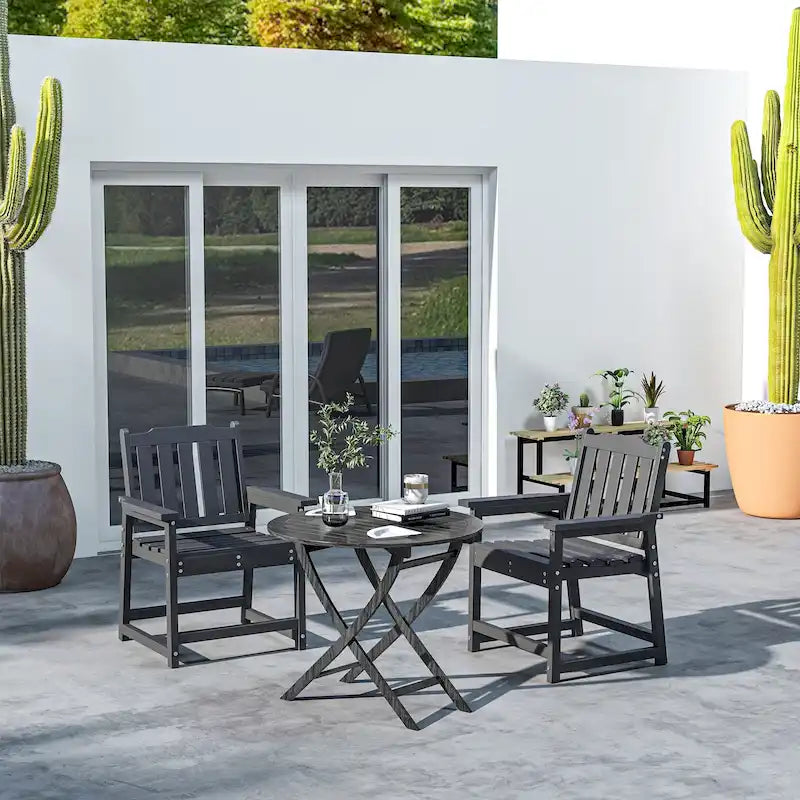 2-Piece HDPE Patio Chairs with Armrests Slatted Design Wood-Like