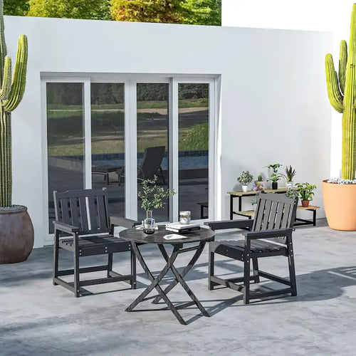 Outsunny Set of 2 HDPE Patio Chairs, Outdoor Dining Chairs with Armrests and Slatted Back, Outdoor Armchairs