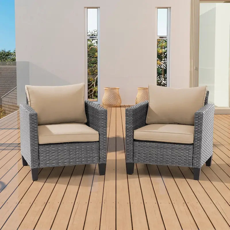 2-Piece PE Rattan Single Sofa Set Gray with Cushions for 2 People