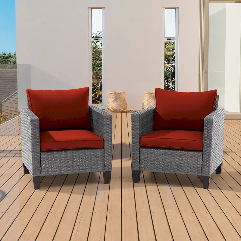 2-Piece PE Rattan Single Sofa Set Gray with Cushions for 2 People