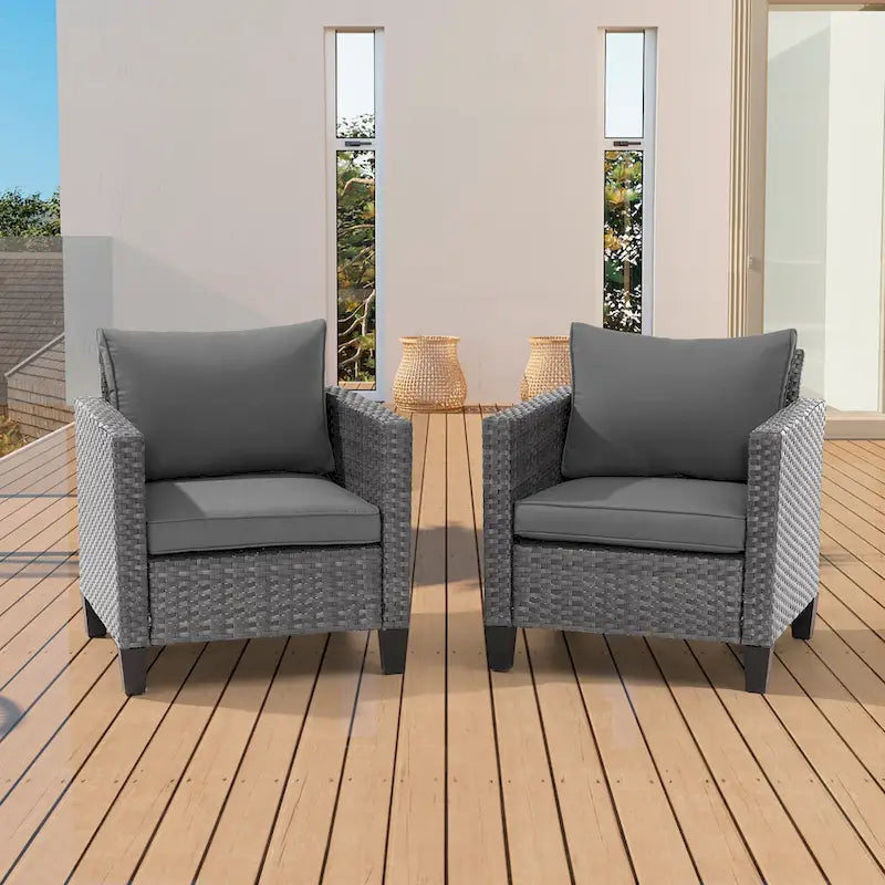 2-Piece PE Rattan Single Sofa Set Gray with Cushions for 2 People