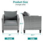 2-Piece PE Rattan Single Sofa Set Gray with Cushions for 2 People