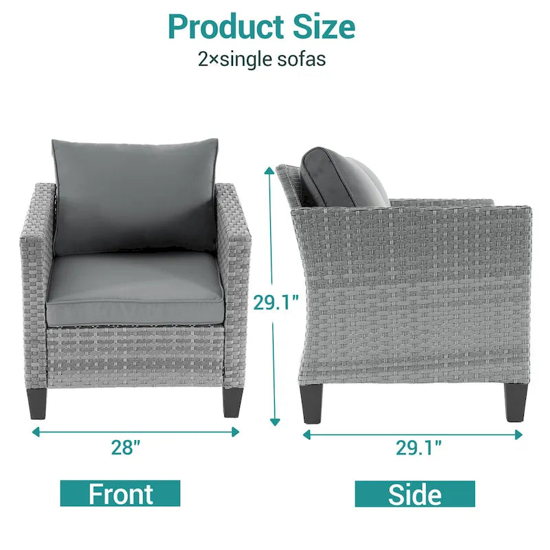 2-Piece PE Rattan Single Sofa Set Gray with Cushions for 2 People