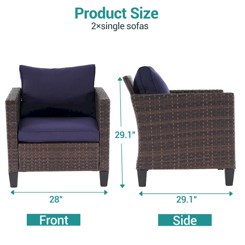 2-Piece PE Rattan Single Sofa Set Gray with Cushions for 2 People