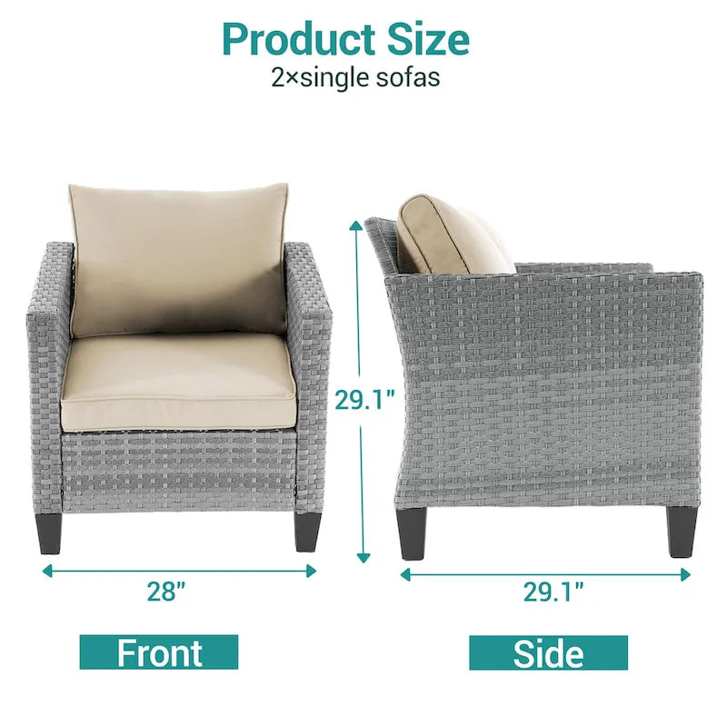 2-Piece PE Rattan Single Sofa Set Gray with Cushions for 2 People