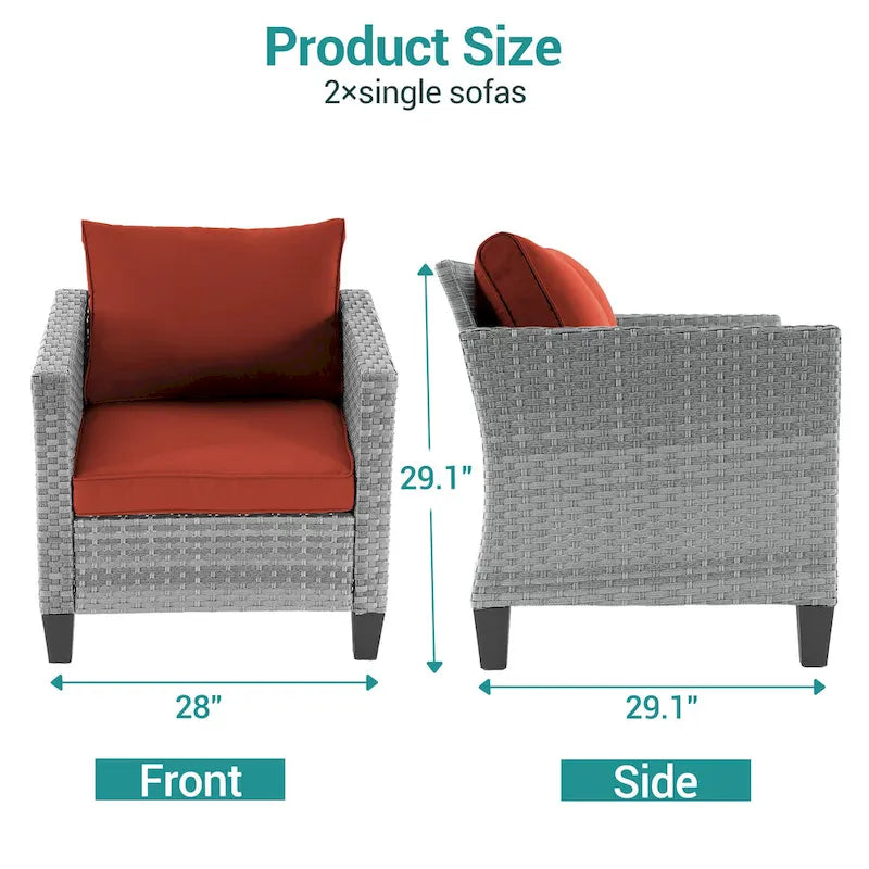 2-Piece PE Rattan Single Sofa Set Gray with Cushions for 2 People