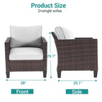2-Piece PE Rattan Single Sofa Set Gray with Cushions for 2 People