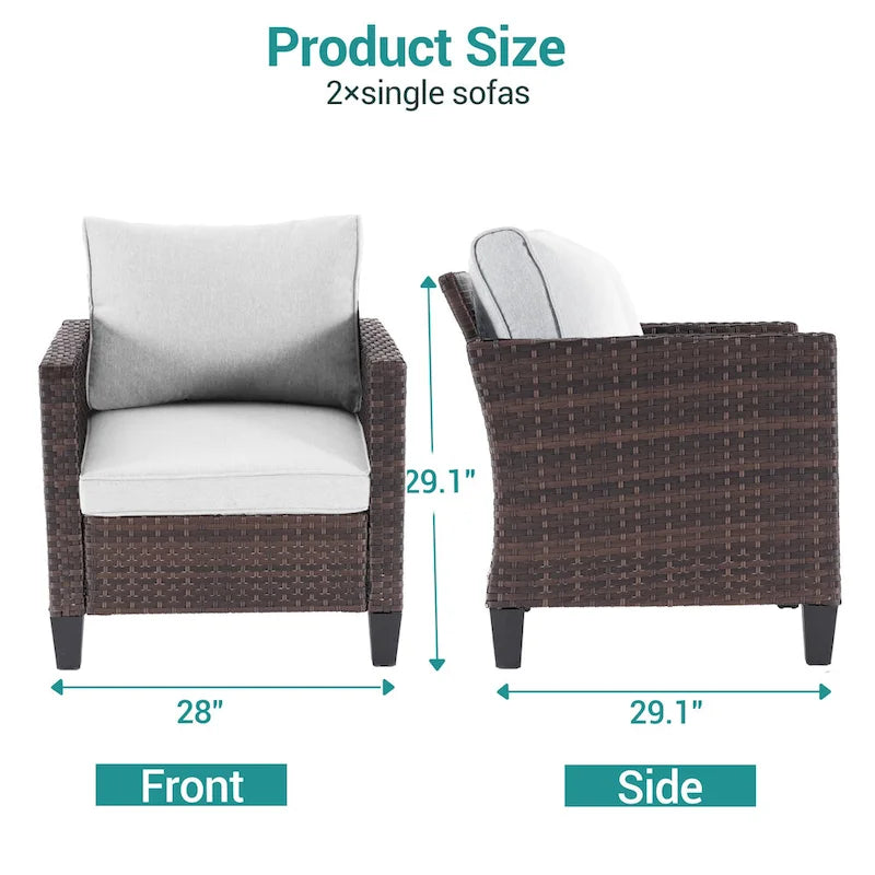 2-Piece PE Rattan Single Sofa Set Gray with Cushions for 2 People