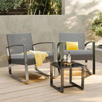 3-Piece PE Wicker Bistro Set 2 Rocking Chairs 1 Glass Table with Cushions