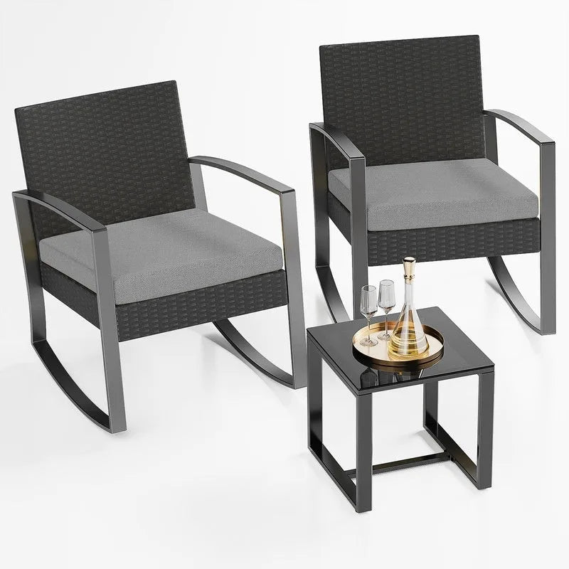 3-Piece PE Wicker Bistro Set 2 Rocking Chairs 1 Glass Table with Cushions
