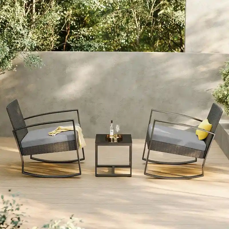 3-Piece PE Wicker Bistro Set 2 Rocking Chairs 1 Glass Table with Cushions