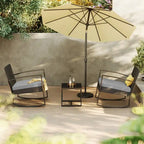 3-Piece PE Wicker Bistro Set 2 Rocking Chairs 1 Glass Table with Cushions