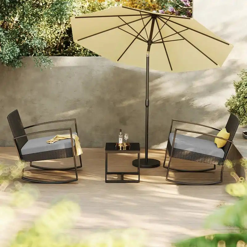 3-Piece PE Wicker Bistro Set 2 Rocking Chairs 1 Glass Table with Cushions
