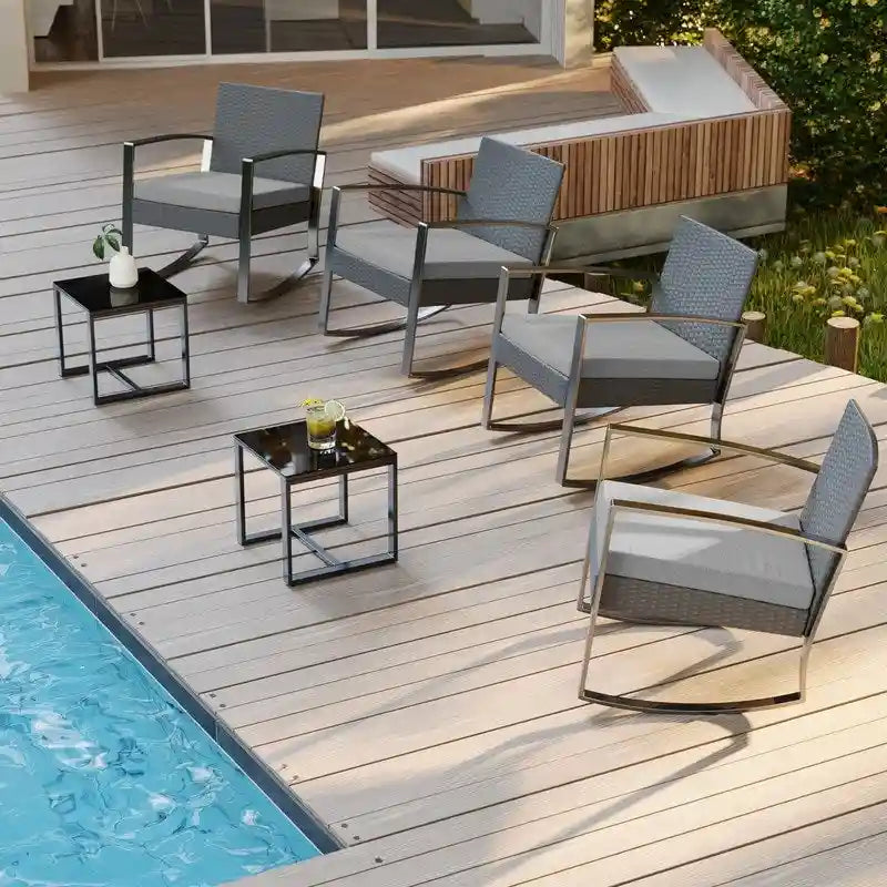 3-Piece PE Wicker Bistro Set 2 Rocking Chairs 1 Glass Table with Cushions