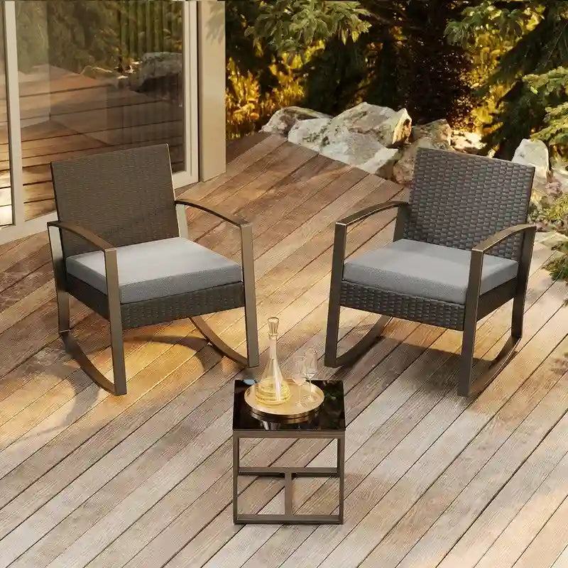 3-Piece PE Wicker Bistro Set 2 Rocking Chairs 1 Glass Table with Cushions