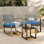 3-Piece PE Wicker Bistro Set 2 Rocking Chairs 1 Glass Table with Cushions