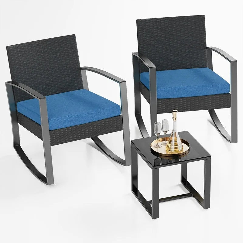 3-Piece PE Wicker Bistro Set 2 Rocking Chairs 1 Glass Table with Cushions
