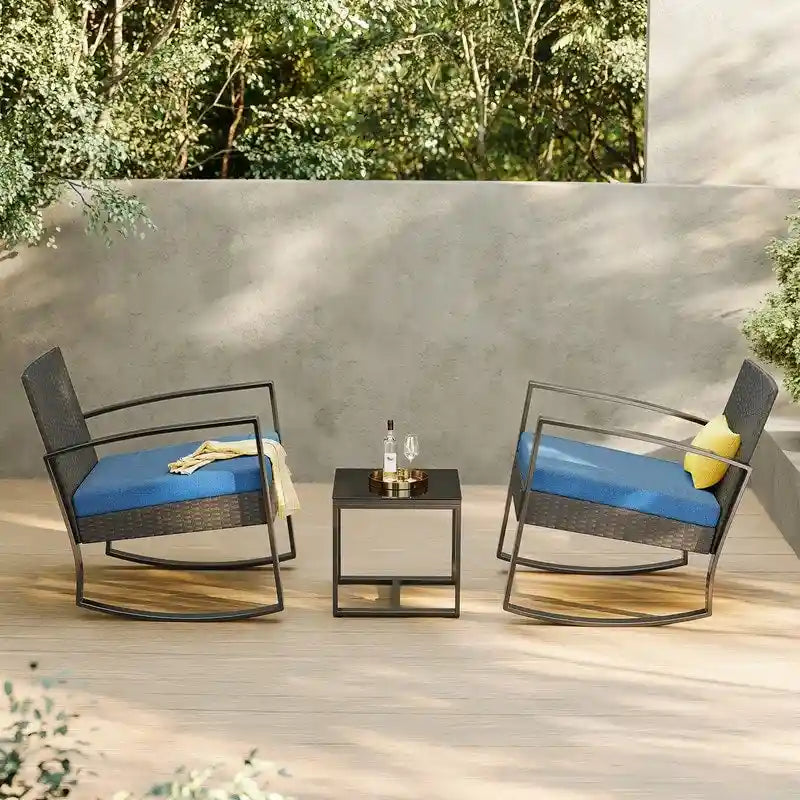3-Piece PE Wicker Bistro Set 2 Rocking Chairs 1 Glass Table with Cushions