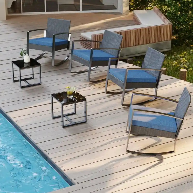 3-Piece PE Wicker Bistro Set 2 Rocking Chairs 1 Glass Table with Cushions