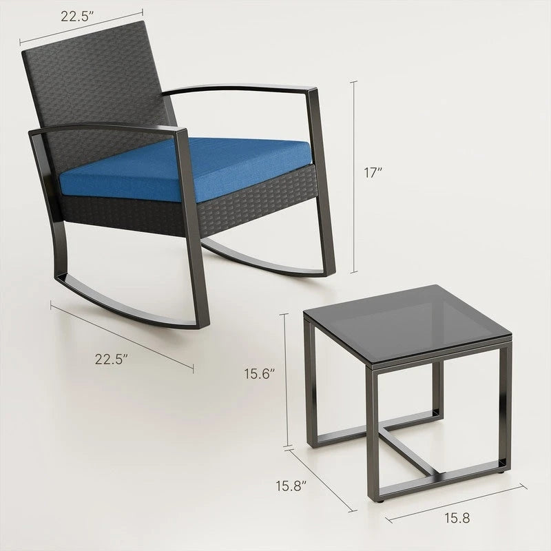 3-Piece PE Wicker Bistro Set 2 Rocking Chairs 1 Glass Table with Cushions
