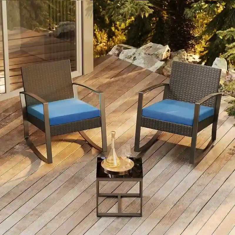 3-Piece PE Wicker Bistro Set 2 Rocking Chairs 1 Glass Table with Cushions