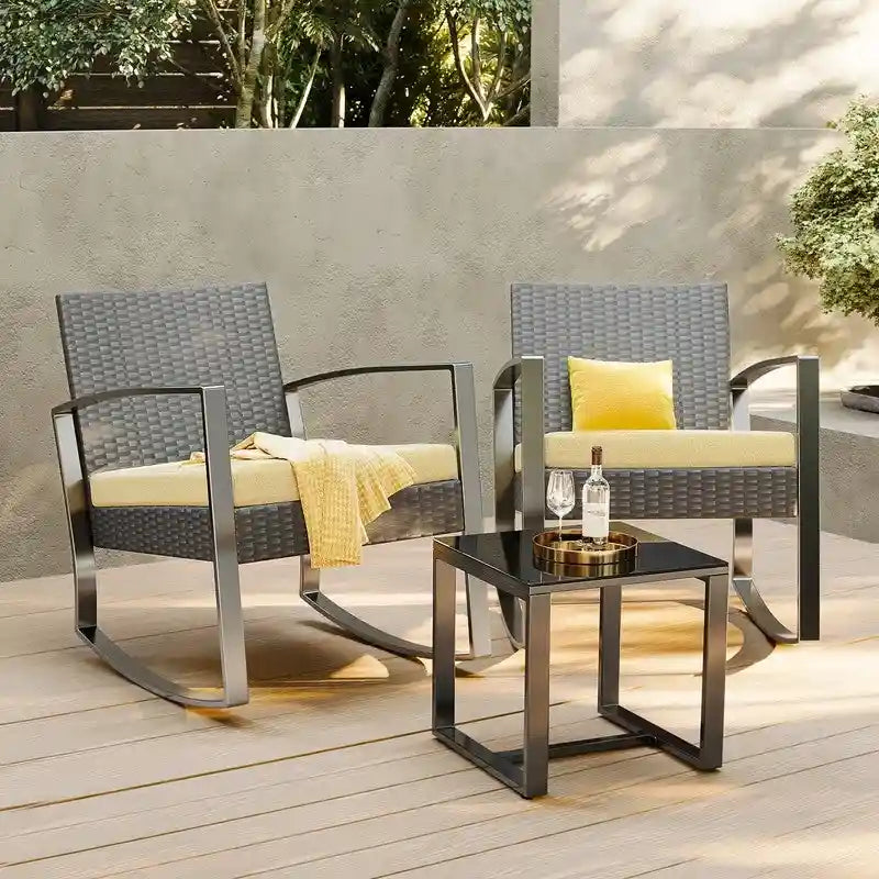 3-Piece PE Wicker Bistro Set 2 Rocking Chairs 1 Glass Table with Cushions