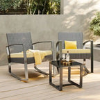 3-Piece PE Wicker Bistro Set 2 Rocking Chairs 1 Glass Table with Cushions