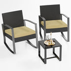 3-Piece PE Wicker Bistro Set 2 Rocking Chairs 1 Glass Table with Cushions